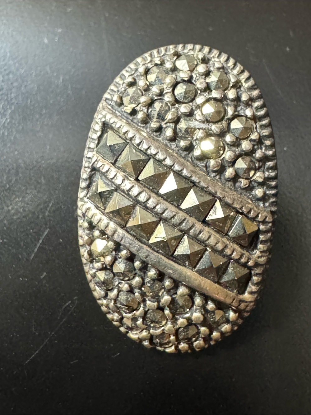 Vintage Sterling Silver Marcasite Pendant - Art Deco Inspired Oval Charm